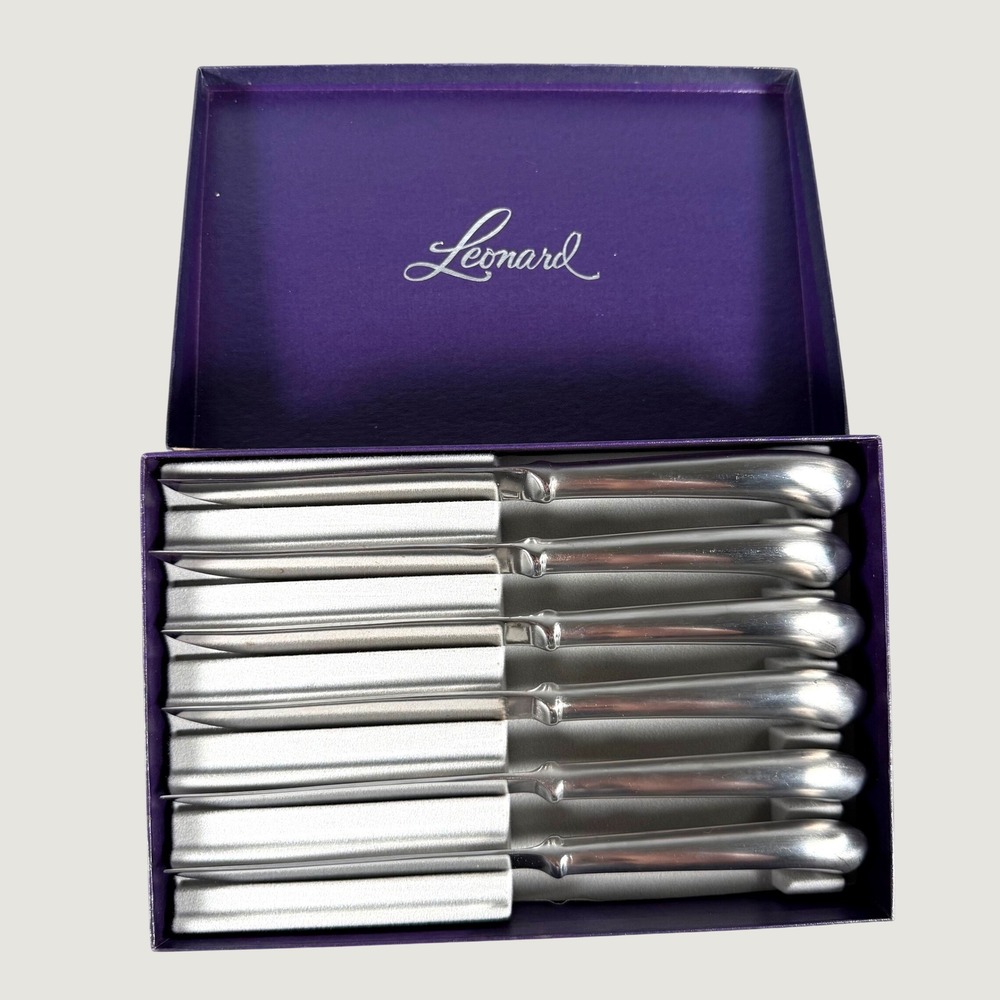 Leonard Silver Steak Knife Set 6pc Serrated Pistol Grip Stainless Steel Vintage